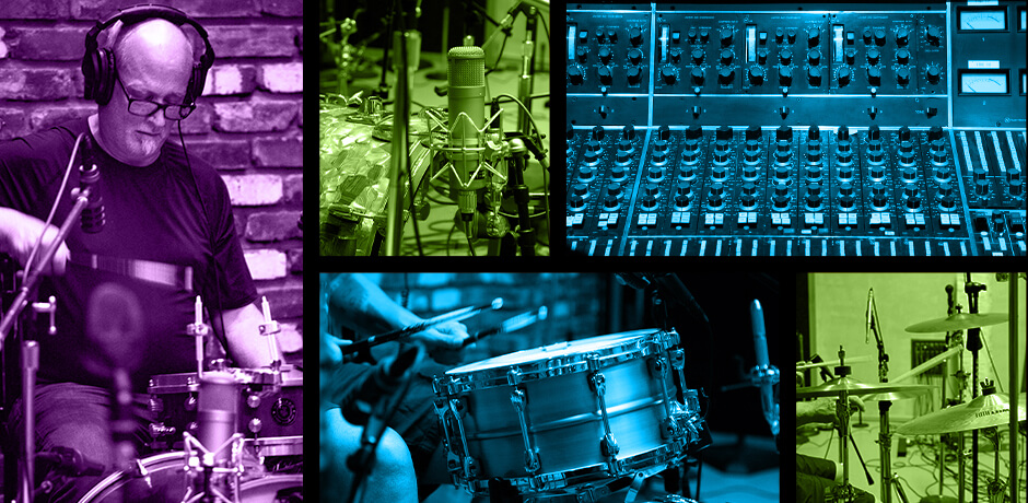 collage of drum recording sessions and gear