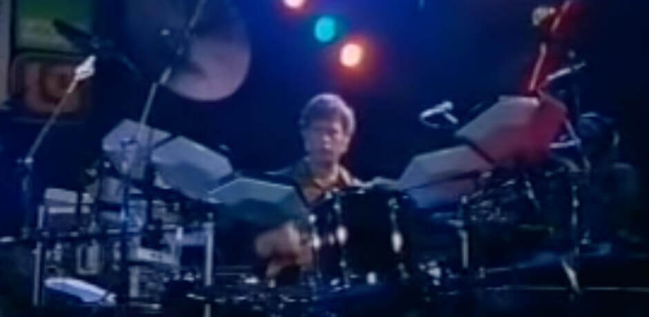 Bruford with Simmons electronic drum kit on stage