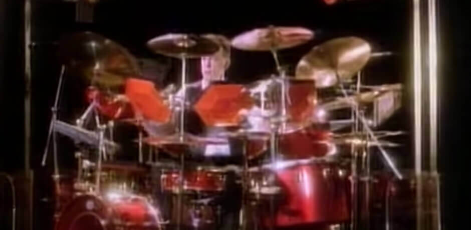 Image of Neil Peart of Rush playing the Simmons SDS9 electronic drum kit