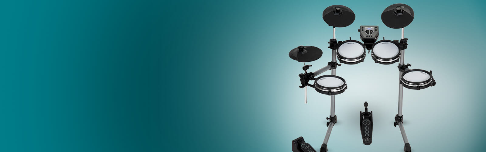 Simmons SD600 electronic drum kit on teal background