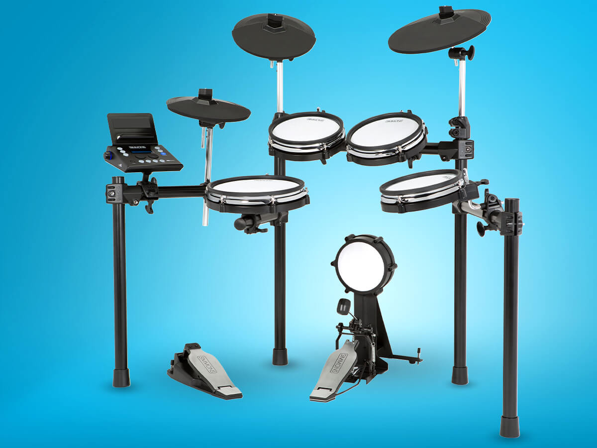 Simmons SD600 electronic drum kit on blue background