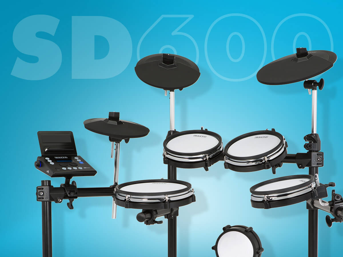 Simmons SD600 electronic drum kit on blue background with graphics that says 