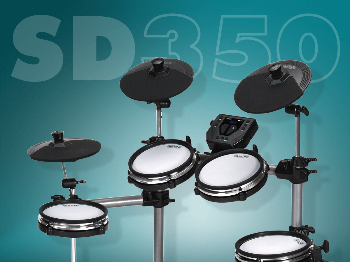 Simmons SD350 electronic drum kit on teal background with graphics that says 