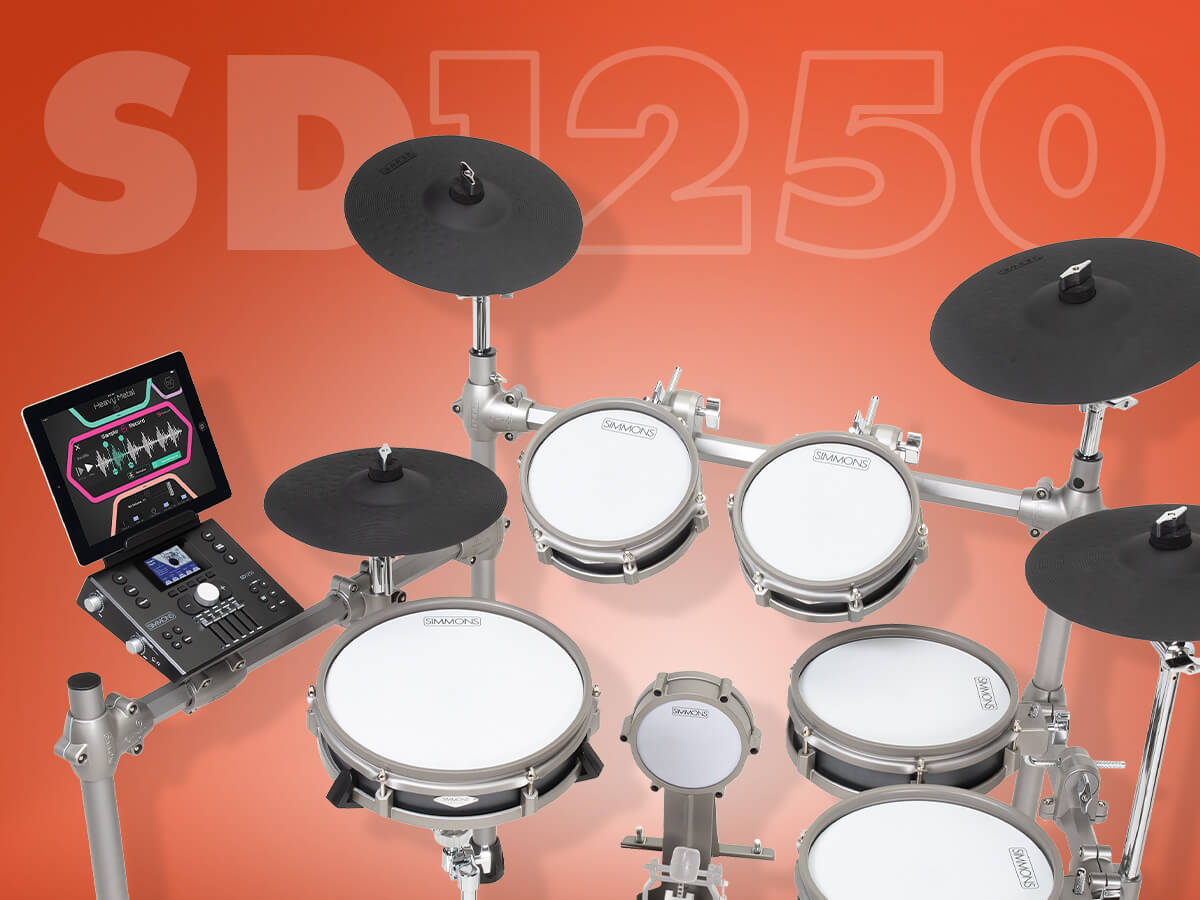 Simmons SD1250 electronic drum kit on orange background with graphics that says 