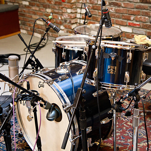 acoustic Tama kit being ready for recording tone