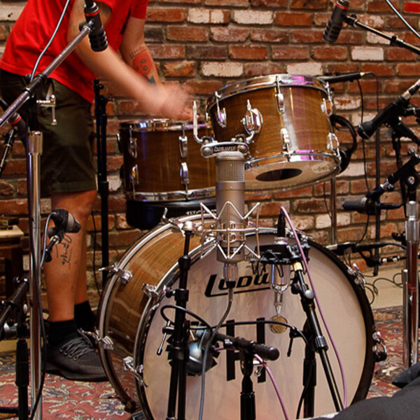 American drum kit being ready for recording tone