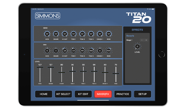 Simmons Drums 2 app with Titan 20 mixer/FX settings