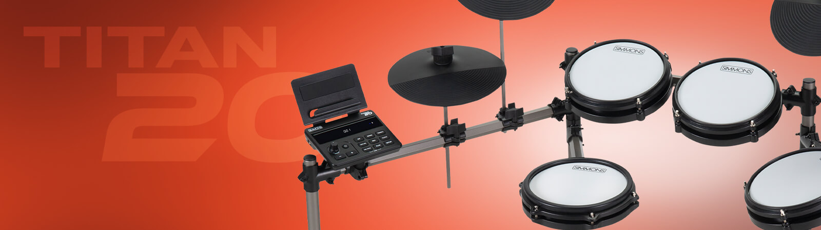 Titan 20 electronic drum kit toms, snare, and cymbals on an orange fade background