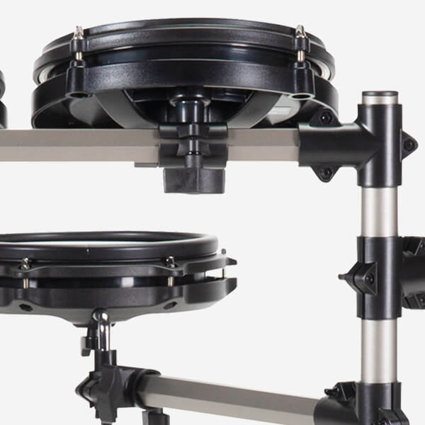 close up of sturdy Titan 20 electronic drum kit hex rack