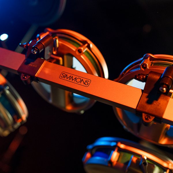 close up of the logo on the rack for the simmons titan 70 electronic drum kit