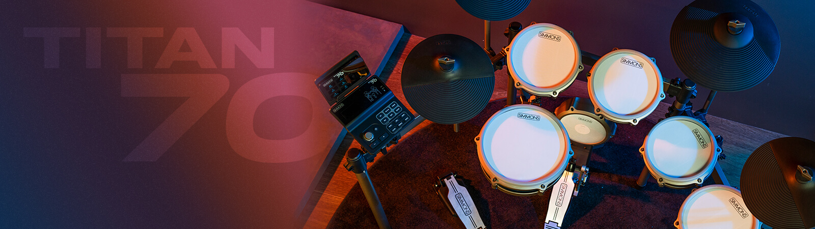 overhead image with logo of the simmons titan 70 electronic drum kit