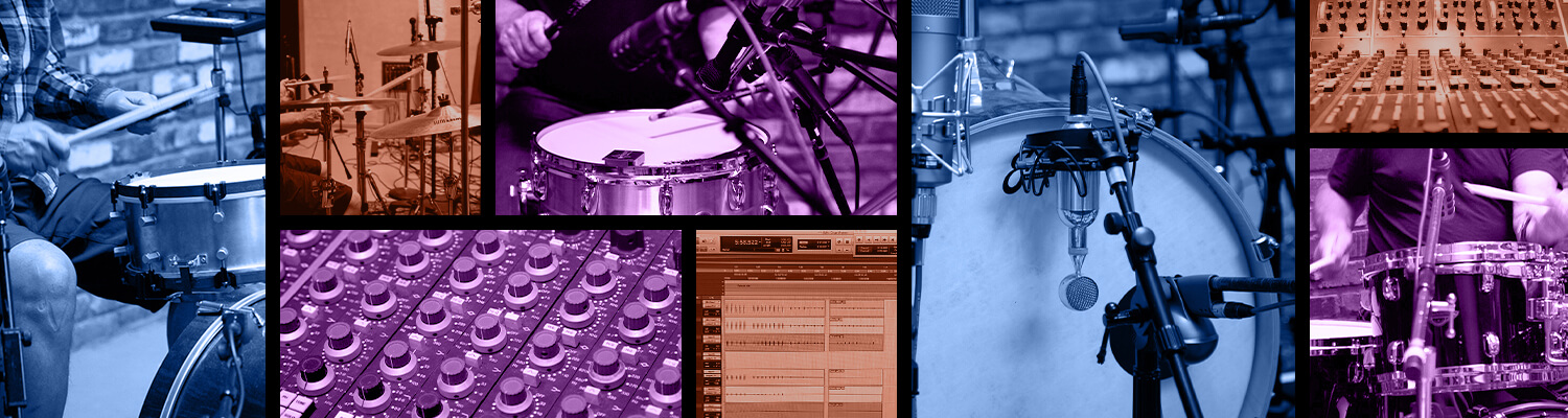 collage of drummer, mics, recording gear, and drum kits