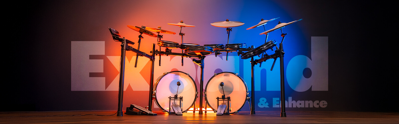 Simmons drum kit with double kick drum and extra cymbals